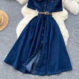 Version Of Fashion Casual Denim Dress Women Retro Collar Short Sleeve Single Buckle Waist Swing Shirt Long