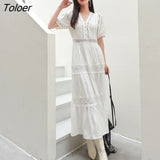 2023 Spring Summer Dress Women Cotton Patchwork Lace Dresses V-Neck Lantern Sleeve Maxi Dress Beach Long Female