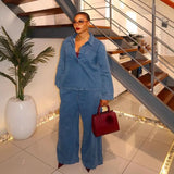 Wind High-End Retro Lapel Long-Sleeved Cowboy Topess 2025 Autumn Dress High-Waisted Casual Broad-Legged Straight