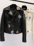 VAREY LIN Spring Women Floral Print Embroidery Faux Leather Jacket Turn-down Collar Pu Motorcycle Black Punk