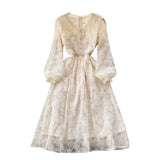 Style Femininity Waist Thin Knee Long Sleeve First Love Dress A Elegant Temperament V-Neck Lace