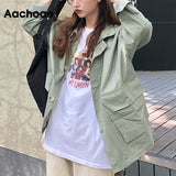 Korean Style Loose Cargo Jacket Women Streetwear Batwing Long Sleeve Pockets Coat Vintage Autumn Winter Casual