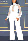Fashion Mesh Sequin One Piece Jumpsuit Women Turtleneck Lantern Long Sleeve Romper Luxury High Waist Wide Leg Body