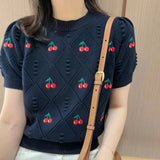 Women Sweet Flower Short Sleeve Cherry Embroidery Knitted Sweater Summer Korean Fashion Y2K Casual Pullover Ladies