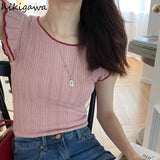Crop Tops 2023 Women's Clothing O-neck Ruffles Tunic Sweet Tanks Korean Chic Casual Fashion Summer Waistcoat Ropa