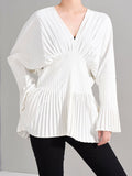 Fashion Women's Dress V-neck Long Sleeve Metal Buckle Belt Waist Knee-length Pleated White Dresses Female Spring 2023