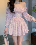 Floral Mini Chiffon Dress Korean Women 2022Spring Summer Elegant Sexy Square Neck Puff Sleeves High Waist Party