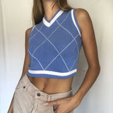 Style y2k Knitted Pullover Crop Tops Women Vintage Argyle Aesthetic Top Strawberry Print Harajuku Tank