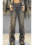Y2K Streetwear Harajuku Butterfly Decoration Denim Pants Women's High Waist Embroidery Loose Straight Hole Ripped