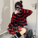 Pink Striped Gothic Sweaters Women Ripped Holes Loose Knitted Pullover Frayed Fairy Grunge Jumpers Emo Streetwear