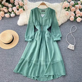 Autumn Vintage V-Neck Chiffon Dress Women Elegant Puff Long Sleeve High Waist Purple/Green/White Robe Female Casual Vestidos