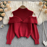 Fashion Off Shoulder Knit Pullover Stand Neck Korean Lantern Sleeve Design 2022 Autumn Retro Sweater Knitwear