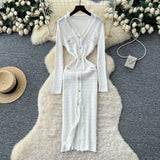 Small Fragrant Style High-Level Sense V-Neck Metal Buckle Waist Knitted Dress Women Autumn Body Fork Long