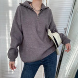 Women's Turtleneck Zipper Design Oversized Sweater Gray White Black High Neck Autumn Winter