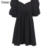 Sexy Blue Mini Dress Women Square Neck Short Puff Sleeve Female White Dress High Waist Loose A Line Dresses 2022
