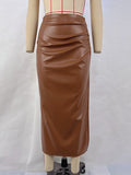 Toloer Women's 2024 New Solid Color PU High Waist Pleated Slit Skirt Women's Skirt-Outfit