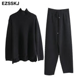 2 Pieces Set Women Knitted Tracksuit Turtleneck Sweater + Carrot Jogging Pants Pullover 2022 Sweater Set CHIC Knitted