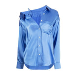 Casual Off Shoulder Shirt For Women Lapel Long Sleeve Asymmetrical Solid Button Through Blouse Female Clothing