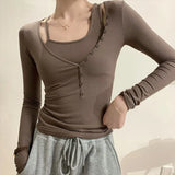 Korean Sexy Slim Tops Two Piece Set Women Camisole+long Sleeve T Shirt Irregular Knitted Ribbed Tee Shirt Designer