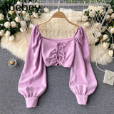 Women Fashion Korean Blouse Square Collar Long Puff Sleeve Solid Slim Tops 2022 Autumn Casual Vacation Short