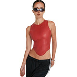 Toloer Women's Wear 2024 New Leather Simple Hottie Style Round Collar Sleeveless Irregular Hem Jacket Small Vest Woman-Outfit