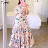 Women's Rainbow Long Dress Fashion Sexy Off Shoulder A-line Printed Maxi Dresses Boho Retro Party Evening Vestidos