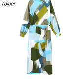 Vintage Women Long Sleeve Printed Dress Casual V-neck Lace-up Floral Long Dress Bohemian Fashion Vacation Beach