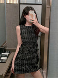 VAREY LIN New Spring Summer Women Tweed Dress Sleeveless Lace-up Bow O-Neck Plaid Classic Elegant Casual Empire Short