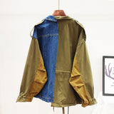 2023 Spring Autumn High Quality Lapel Long Sleeve Fake Two Piece Denim Patchwork Vintage Coat Women Jacket