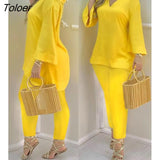 Piece Sets Womens Outifits Bell Sleeve V-Neck Casual Top & Pants Set Fashion Long Sleeve Suit Elegant Chic Daily