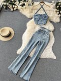 Denim Fashion Summer Women Sets 2022 Retro Zipper Halter Tops+ Button Slim Long Flare Pants High Street Two Piece