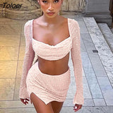 Sexy Pearl Skirt Sets Women 2023 Flare Sleeve Crop Tops and Long Split Skirts Lady Suits Party Clubwear 2 Piece Set
