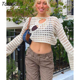 Autumn Womens Knitwear Y2K Pullover Fashion Tops 2022 O-neck Hollow Out Cropped Sweater Femme Casual High Street