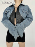 Slim Patchwork Fake Two Piece Jacket For Women Lapel Long Sleeve Colorblock Denim Jackets Female Clothing Style