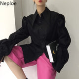 Women Blouse Chic High Street Tops Korean Vintage Turn-down Collar Loose Long Blusas Mujer Puff Sleeve White Shirt