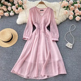 Autumn Vintage V-Neck Chiffon Dress Women Elegant Puff Long Sleeve High Waist Purple/Green/White Robe Female Casual Vestidos