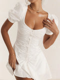 New Women's White French Sexy Short Dress V Neck Bubble Sleeve Summer