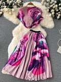 Vacation Beach 2pcs Set Women Floral Printed Short Sleeve Tops And High Waist Pleated Long Skirt Suit Spring