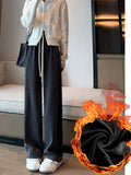 New Autumn Winter Women's High Waist Plus Velvet Wide Leg Pants Women Straight Warm Loose Trousers New Korean Lace Up