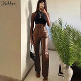 Luxurious Faux PU Leather Y2K Pants Women's Leisure Straight Pants 2021 Street Clubwear Slim Punk Design Trousers