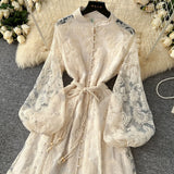 Stand-Up Single Buckle Heavy Industry Hook Flower Embroidery Lantern Sleeve With A Long Dress With A Big