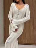 Women's Fashion Elegant V-Neck Knitted Dress Horny Sleeves Hollowed-Braceed Long