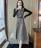 Women Houndstooth Tweed Notched Plaid Dress Two Piece Set Winter Knitted Sweater And Double-Breasted Vest Party Midi Dress