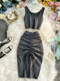 2020 Summer Women 2pcs Set Black/Red Vintage Round Neck Knitted Short Tops + Drawstring Bodycon Skirt Female Two Piece Set