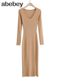 women solid elegant v neck sweater dress long sleeve ladies side open midi dress