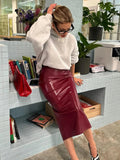 Bodycon PU Leather Zipper Split Midi Skirt-Outfit
