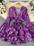 Bohemian Floral Chiffon Dress Women Sexy V-Neck Puff Long Sleeve High Waist Ruffle Vestidos Female Elegant Vacation Beach