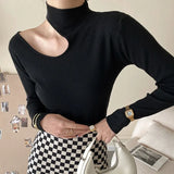 Women Black Cut-out High Elastic Knitting Brief T-shirt New Turtleneck Long Sleeve Fashion Tide Spring Autumn 2023