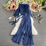 Women Bandage Two Piece Set Spring Autumn Solid Blue/Red/Green Long Sleeve Short Tops And High Waist Split Pants Female Suit