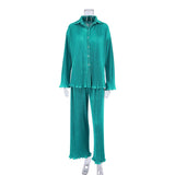 Women's Shirt Pleated 2 Piece Set Flare Sleeve High Waist Wide Leg Pants Suit Spring New Casual Elegant Female